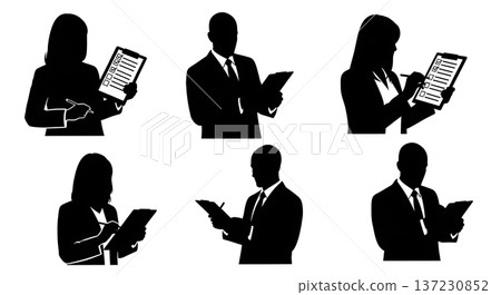 Black Solid Analyst Silhouettes Holding Clipboards Set of Six on White Background 137230852