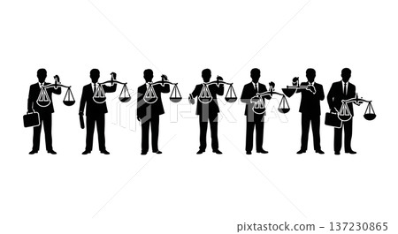 Black Solid Analyst Silhouettes Holding Balance Scale Set of Six on White Background 137230865