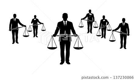 Black Solid Analyst Silhouettes Holding Balance Scale Set of Six on White Background 137230866