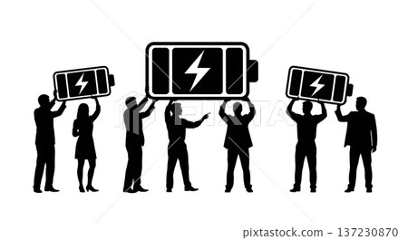 Black Solid Analyst Silhouettes Holding Battery Icon Set of Six on White Background Black Solid Analyst Silhouettes Holding Battery Icon Set of Six on White Background 137230870