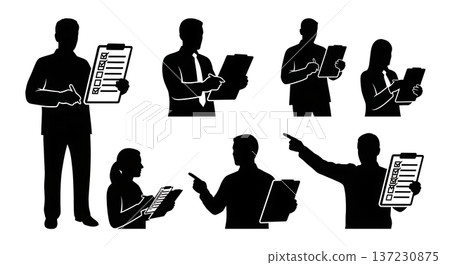 Black Solid Analyst Silhouettes Holding Clipboards Set of Six on White Background 137230875