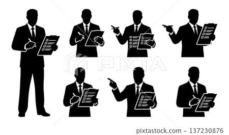 Black Solid Analyst Silhouettes Holding Clipboards Set of Six on White Background 137230876