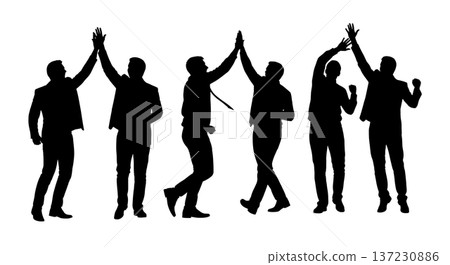 Black Solid Analyst Silhouettes High Fiving Success Set of Six on White Background Black Solid Analyst Silhouettes High Fiving Success Set of Six on White Background 137230886