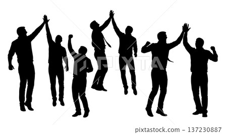 Black Solid Analyst Silhouettes High Fiving Success Set of Six on White Background Black Solid Analyst Silhouettes High Fiving Success Set of Six on White Background 137230887