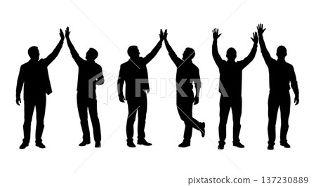 Black Solid Analyst Silhouettes High Fiving Success Set of Six on White Background Black Solid Analyst Silhouettes High Fiving Success Set of Six on White Background 137230889