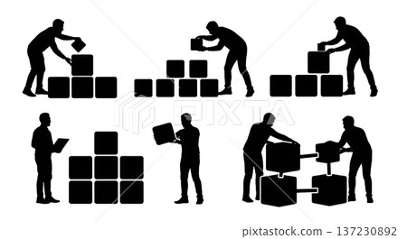 Black Solid Analyst Silhouettes Arranging Blocks Cubes Set of Six on White Background Black Solid Analyst Silhouettes Arranging Blocks Cubes Set of Six on White Background 137230892