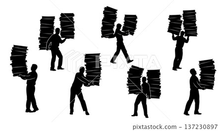 Black Solid Analyst Silhouettes Carrying Stacks Files Set of Six on White Background 137230897