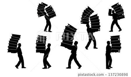 Black Solid Analyst Silhouettes Carrying Stacks Files Set of Six on White Background 137230898