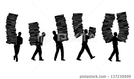 Black Solid Analyst Silhouettes Carrying Stacks Files Set of Six on White Background 137230899