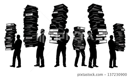 Black Solid Analyst Silhouettes Carrying Stacks Files Set of Six on White Background 137230900