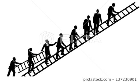 Black Solid Analyst Silhouettes Climbing Giant Ladder Set of Six on White Background Black Solid Analyst Silhouettes Climbing Giant Ladder Set of Six on White Background 137230901