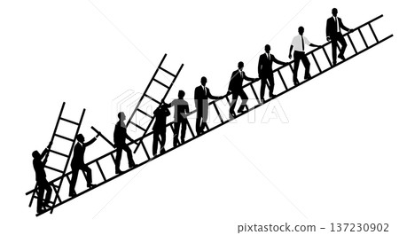 Black Solid Analyst Silhouettes Climbing Giant Ladder Set of Six on White Background 137230902