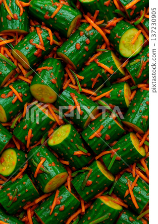 俯視視角下的黃瓜泡菜紋理背景 137230905