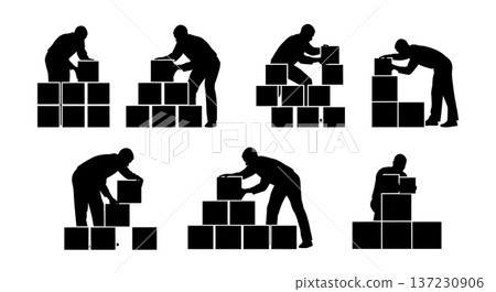Black Solid Analyst Silhouettes Arranging Blocks Cubes Set of Six on White Background 137230906