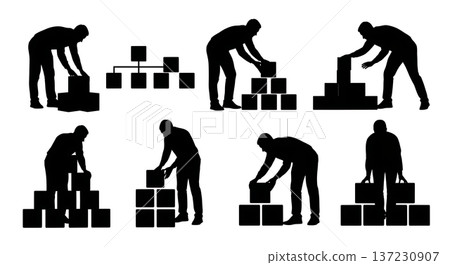 Black Solid Analyst Silhouettes Arranging Blocks Cubes Set of Six on White Background 137230907
