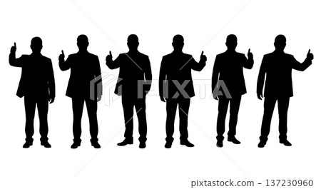 Black Solid Analyst Thumbs Up Silhouettes Set of Six on White Background 137230960