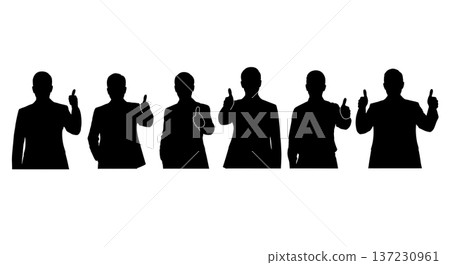 Black Solid Analyst Thumbs Up Silhouettes Set of Six on White Background 137230961
