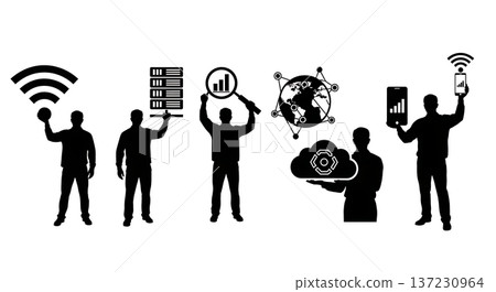 Black Solid Analyst Wifi Symbol Silhouettes Set of Six on White Background Black Solid Analyst Wifi Symbol Silhouettes Set of Six on White Background 137230964