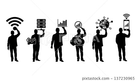 Black Solid Analyst Wifi Symbol Silhouettes Set of Six on White Background 137230965