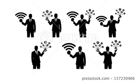 Black Solid Analyst Wifi Symbol Silhouettes Set of Six on White Background 137230966