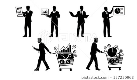 Black Solid Analyst Shopping Cart Silhouettes Set of Six on White Background Black Solid Analyst Shopping Cart Silhouettes Set of Six on White Background 137230968