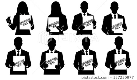 Black Solid Analyst Stamped Document Silhouettes Set of Six on White Background 137230977
