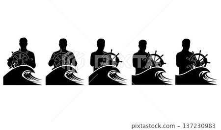 Black Solid Analyst Ship Wheel Silhouettes Set of Six on White Background Black Solid Analyst Ship Wheel Silhouettes Set of Six on White Background 137230983