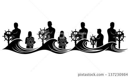 Black Solid Analyst Ship Wheel Silhouettes Set of Six on White Background 137230984
