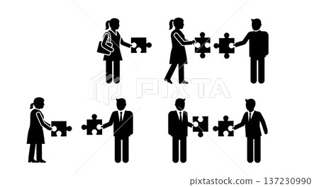 Black Solid Analyst Puzzle Piece Silhouettes Set of Six on White Background Black Solid Analyst Puzzle Piece Silhouettes Set of Six on White Background 137230990