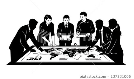 Black Solid Analyst Pointing Map Silhouettes Set of Six on White Background 137231006