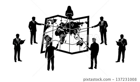 Black Solid Analyst Pointing Map Silhouettes Set of Six on White Background 137231008