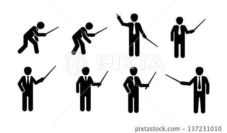 Black Solid Analyst Pointing Stick Silhouettes Set of Six on White Background 137231010