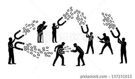 Black Solid Analyst Magnet Binary Silhouettes Set of Six on White Background 137231013