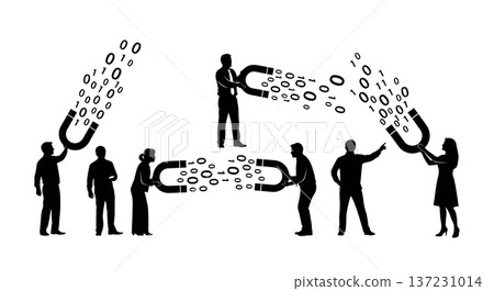 Black Solid Analyst Magnet Binary Silhouettes Set of Six on White Background 137231014