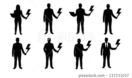 Black Solid Analyst Lightning Bolt Silhouettes Set of Six on White Background Black Solid Analyst Lightning Bolt Silhouettes Set of Six on White Background 137231037