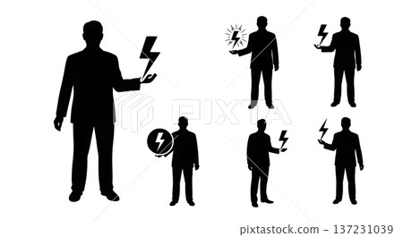 Black Solid Analyst Lightning Bolt Silhouettes Set of Six on White Background Black Solid Analyst Lightning Bolt Silhouettes Set of Six on White Background 137231039