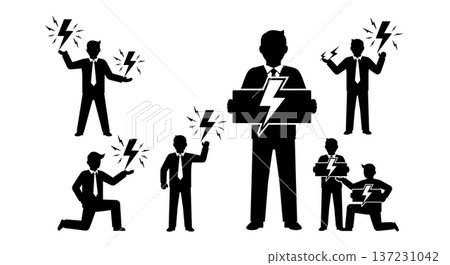 Black Solid Analyst Lightning Bolt Silhouettes Set of Six on White Background Black Solid Analyst Lightning Bolt Silhouettes Set of Six on White Background 137231042
