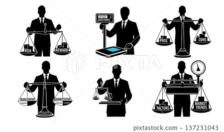 Black Solid Analyst Holding Scale Silhouettes Set of Six on White Background 137231043