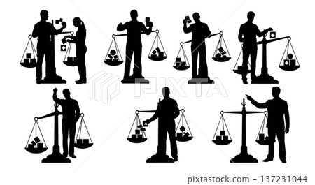 Black Solid Analyst Holding Scale Silhouettes Set of Six on White Background 137231044