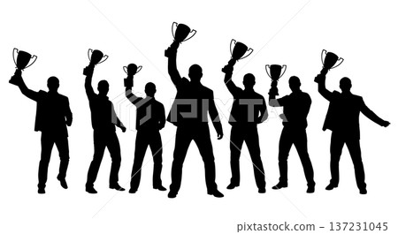 Black Solid Analyst Holding Trophy Silhouettes Set of Six on White Background 137231045