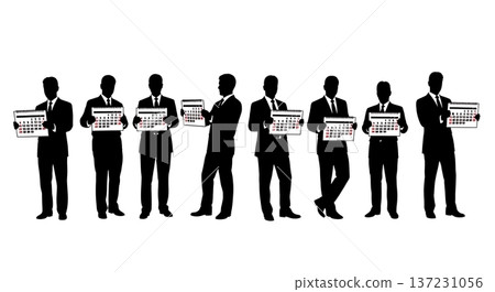 Black Solid Analyst Holding Calendar Silhouettes Set of Six on White Background 137231056