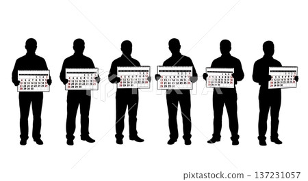 Black Solid Analyst Holding Calendar Silhouettes Set of Six on White Background 137231057