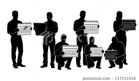 Black Solid Analyst Holding Calendar Silhouettes Set of Six on White Background 137231058