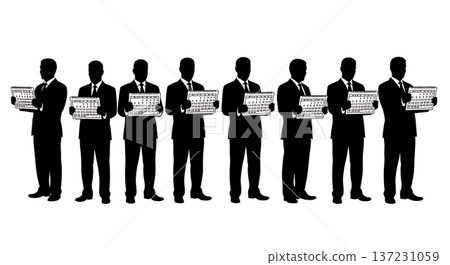 Black Solid Analyst Holding Calendar Silhouettes Set of Six on White Background 137231059