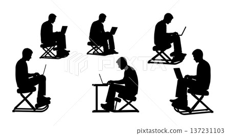 Black Solid Developer Kneeling Chair Silhouettes Set of Six on White Background 137231103