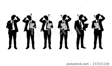 Black Solid Analyst Confused Checklist Silhouettes Set of Six on White Background Black Solid Analyst Confused Checklist Silhouettes Set of Six on White Background 137231130