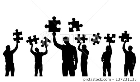 Black Solid Analyst Confused Puzzle Silhouettes Set of Six on White Background Black Solid Analyst Confused Puzzle Silhouettes Set of Six on White Background 137231133
