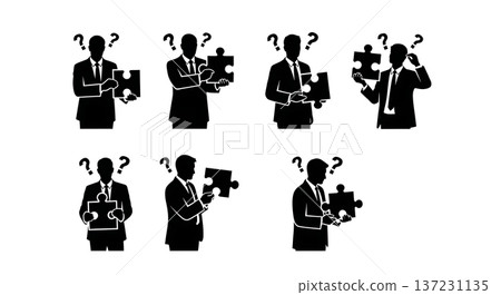 Black Solid Analyst Confused Puzzle Silhouettes Set of Six on White Background Black Solid Analyst Confused Puzzle Silhouettes Set of Six on White Background 137231135
