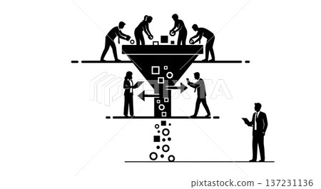 Black Solid Analyst Data Funnel Silhouettes Set of Six on White Background Black Solid Analyst Data Funnel Silhouettes Set of Six on White Background 137231136