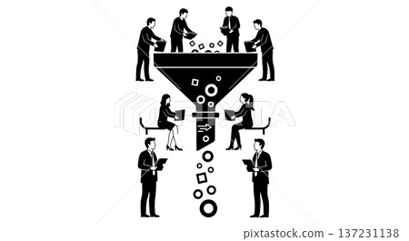 Black Solid Analyst Data Funnel Silhouettes Set of Six on White Background Black Solid Analyst Data Funnel Silhouettes Set of Six on White Background 137231138